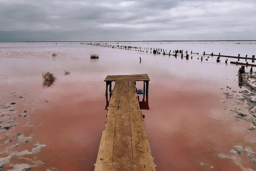 An old pier leading into a pink lake in Ukraine 