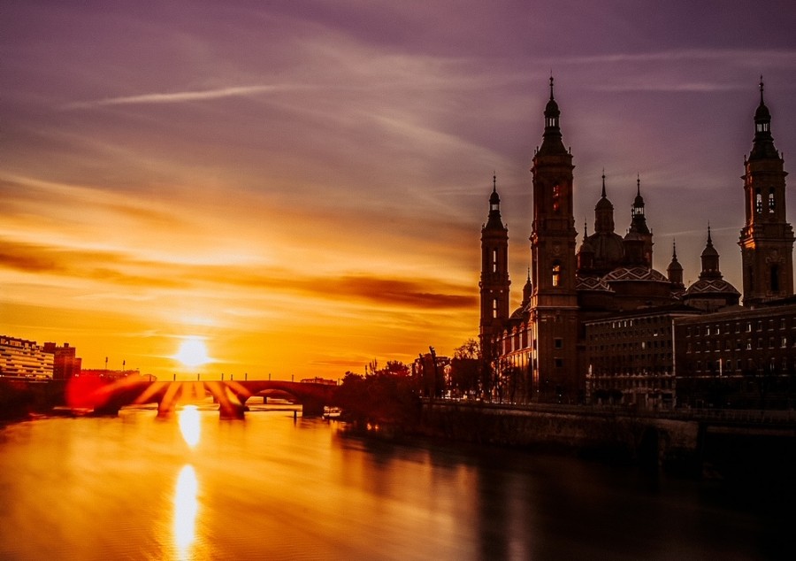 Sunset over the river in Zaragoza, Spain