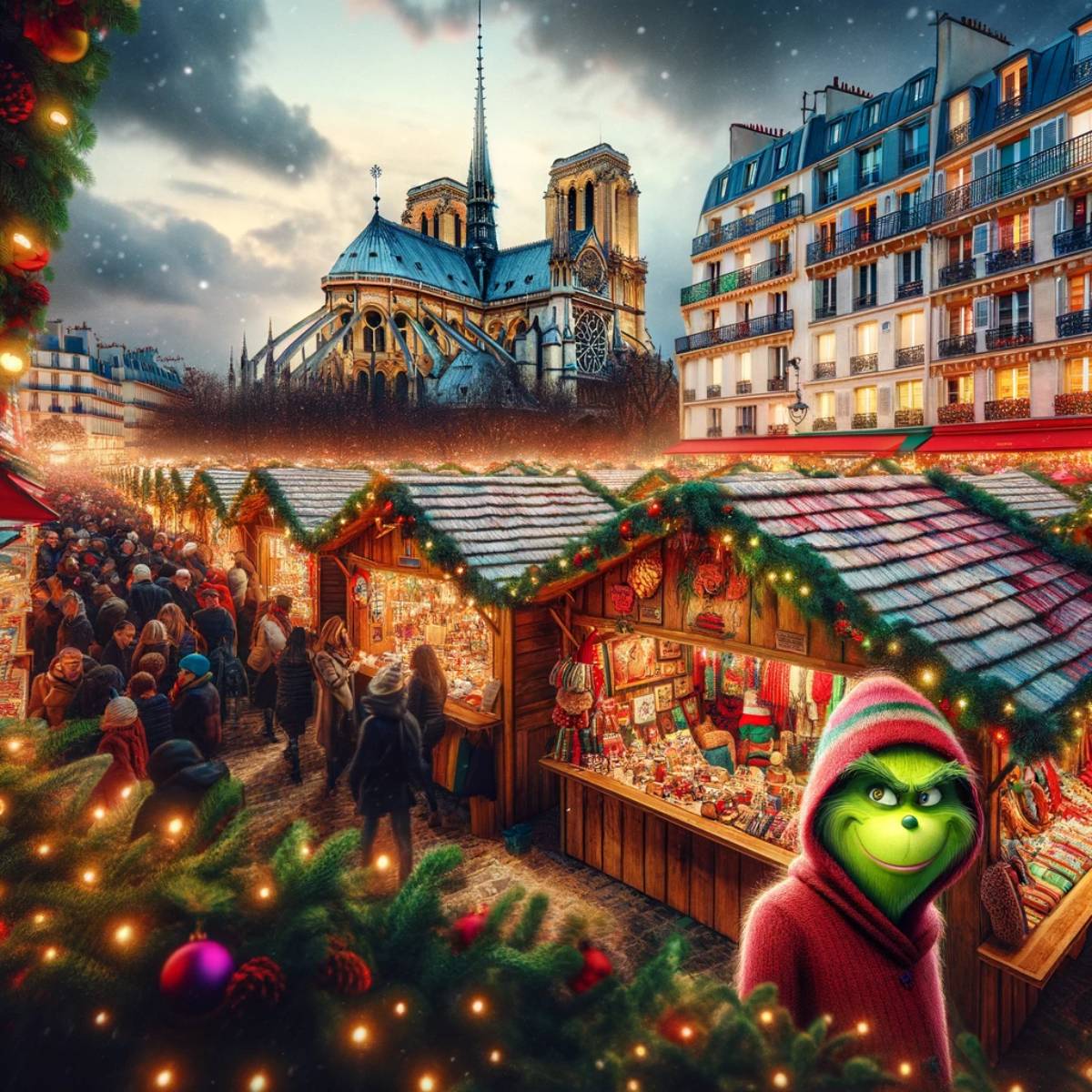 Illustration of the Grinch in a red Santa hat and sweater, at a bustling Christmas market near Notre-Dame Cathedral in Paris, with festive stalls, holiday decorations, and a crowd of shoppers under a twilight sky