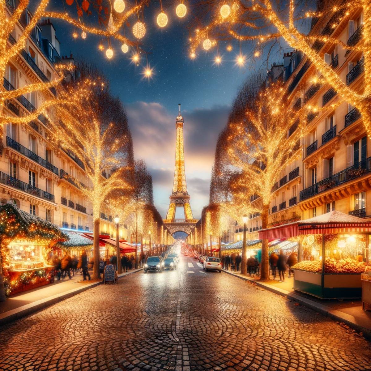 Twilight scene of a Parisian street adorned with golden lights on trees leading towards the Eiffel Tower, flanked by traditional market stalls and Parisian buildings, with pedestrians and cars on the cobblestone road